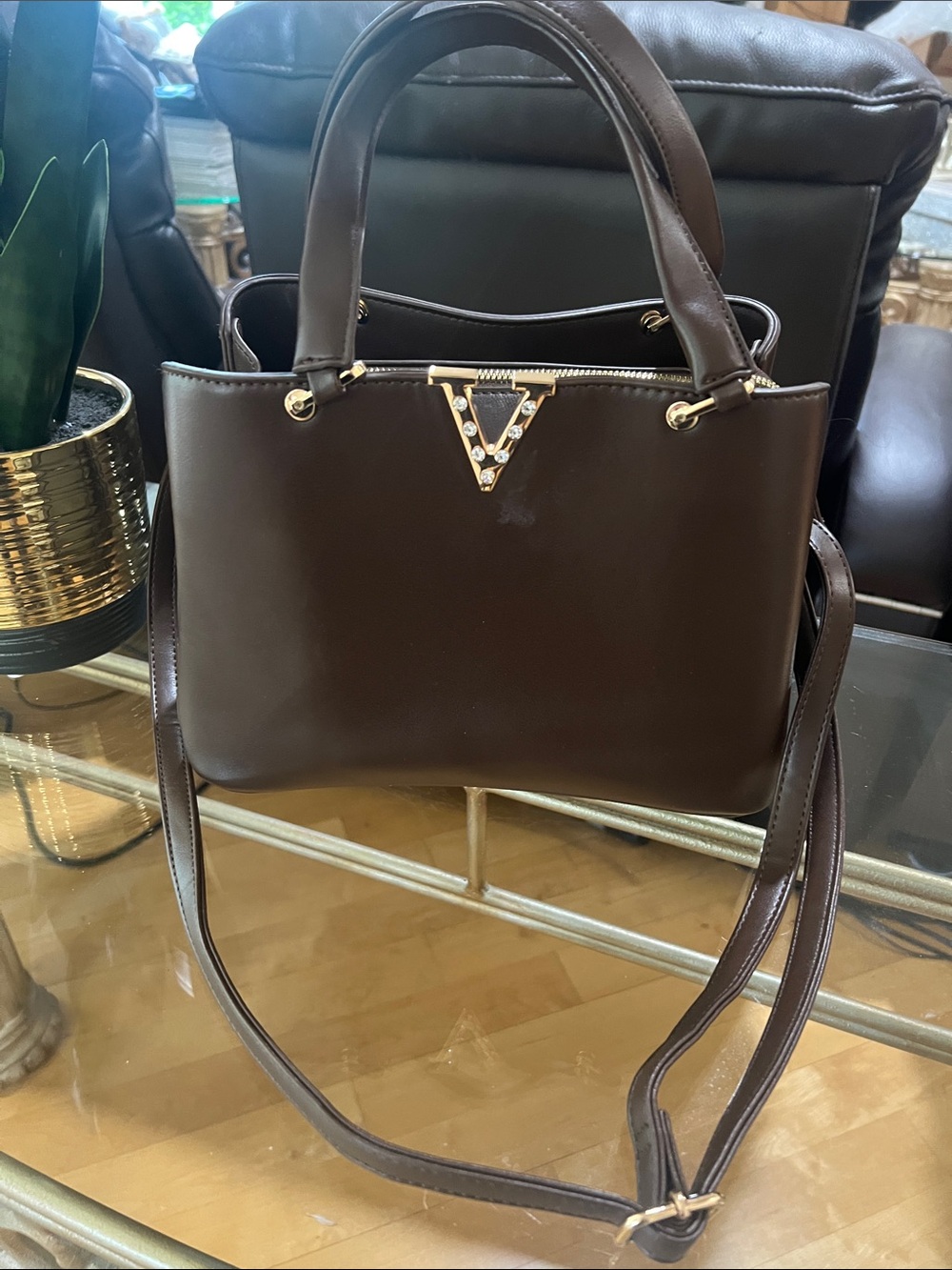 Brown Leather Satchel with Gold V Accent
